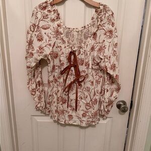 JODIFL Cream and Brown Floral Blouse with Tie